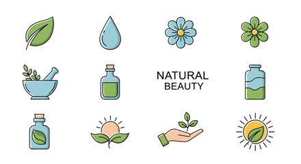 Collection of flat design icons representing natural beauty, organic products, and wellness, featuring elements like leaves, flowers, water drops, essential oil bottles, a mortar and pestle, and sun