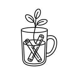 Hand drawn illustration of a glass mug with cinnamon sticks and a plant sprout