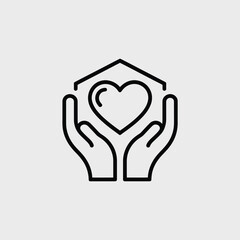 Hands holding a heart inside a house icon symbolizing care and home