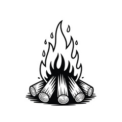 Stylized black and white illustration of a campfire with flames