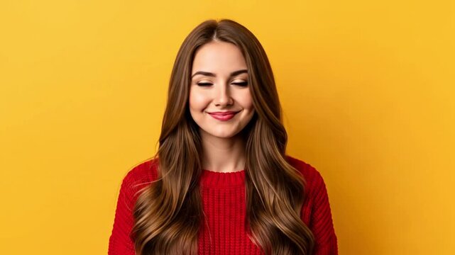 Young woman with surprised expression wearing red sweater, shocked face reaction, emotional expression, amazed female portrait, lifestyle and fashion concept, generative AI