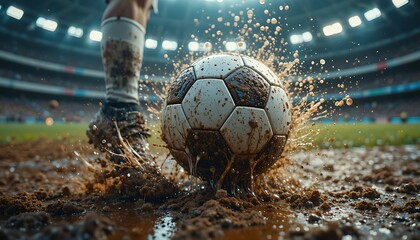 Soccer player's foot kicking a muddy ball, splashing water in a stadium