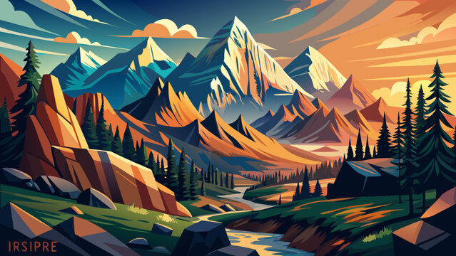 Very beautiful, mountain landscape in Colorado Rocky Mountains, Colorado, United States, Rainspire illustration, majestic peaks, misty atmosphere, artistic rendering, and serene natural scenery in dig