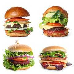 Set of different delicious burgers on white background