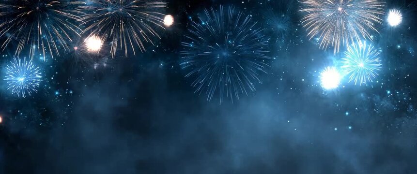 Dark festive background with blue fireworks for New Year 2026 celebration, ideal for party invitation, holiday banner, event poster, festive templates, seasonal greeting card design. Panoramic video