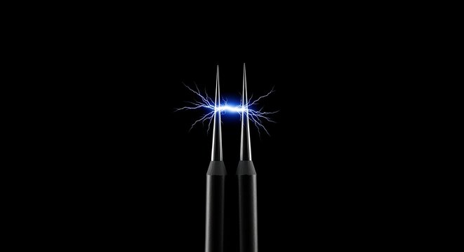 Dynamic electrical arc crackles between two sharp pencil tips creating a vibrant energy surge against a deep black background, symbolizing innovation and powerful ideas.