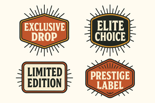 vintage badge label set with bold retro typography and starburst rays flat vector illustration style isolated on white background effects containing phrases like Exclusive Drop Elite Choice