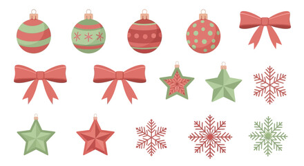 Festive Christmas ornaments and decorations, including baubles, bows, stars, and snowflakes.