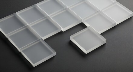 Modern frosted glass tiles arranged in a clean, minimalist pattern on a dark textured surface, offering a sophisticated and elegant aesthetic for interior design and architectural projects.
