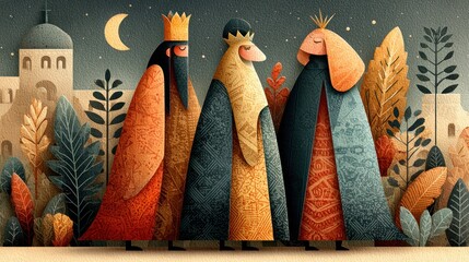 Three robed figures, crowned, walk toward a town at night