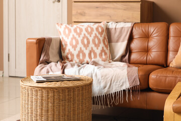 Wicker basket, sofa with plaid and cushion in interior of living room