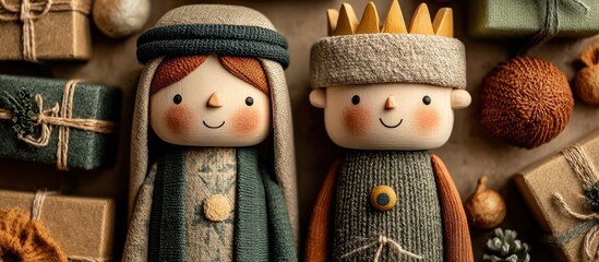 Adorable dolls of figures, surrounded by wrapped gifts, a festive theme
