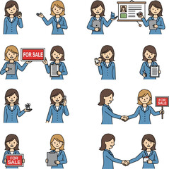 Create a kinds of deferent Simple vector icon illustration variation material for female sales staff vector art with white background.