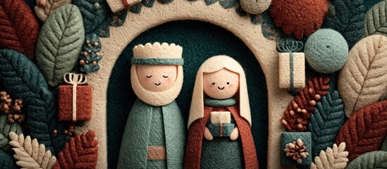 Whimsical illustration of two figures, gift boxes, and stylized greenery