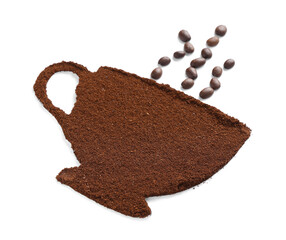 Coffee powder in shape of cup with beans on white background