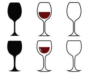 Wine & Alcohol Glasses and Bottles Icon Set – Vector Silhouettes of Wine, Beer, Cognac & Brandy