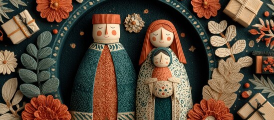 Whimsical illustration of a family within a floral wreath, in pastel hues