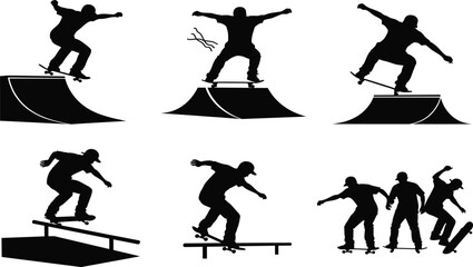 Silhouette skateboarders performing tricks on ramps and rails, urban extreme sports action, dynamic poses, skateboarding vector illustration set