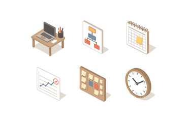 isometric icon items isolated on white background work desk station work workflow diagram work schedule planner work productivity tracker work task board work time clock