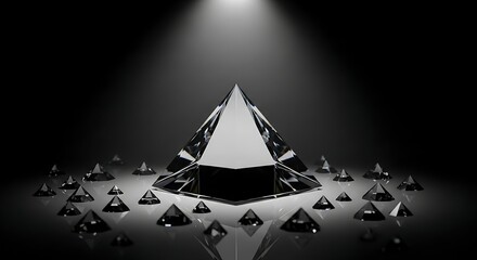 Stunning crystal pyramid illuminated by dramatic spotlight surrounded by smaller faceted gems creating an aura of luxury, success, and exclusivity in a sophisticated dark studio setting