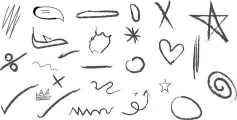 Hand-drawn Brainstorming and Annotation Elements. Vector set of textured charcoal scribbles and marker highlights.