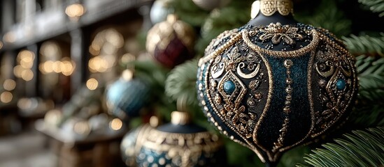 Ornate Christmas ornament with gold detailing on a green evergreen branch