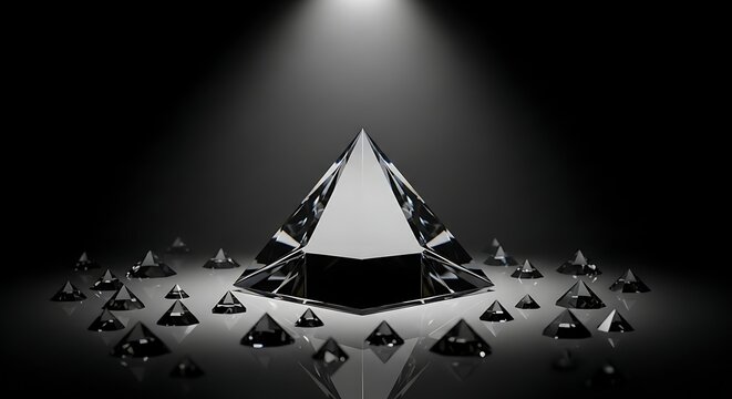 Stunning crystal pyramid illuminated by dramatic spotlight surrounded by smaller faceted gems creating an aura of luxury, success, and exclusivity in a sophisticated dark studio setting