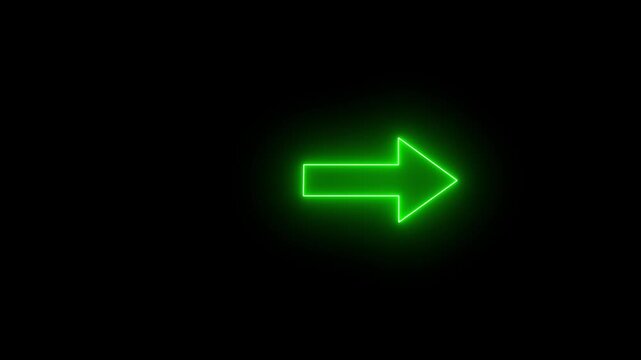 Abstract directional neon arrow icon animation on transparent background. Directional sign arrow points to the right. Glowing green color neon arrow animation.