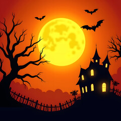 A spooky Halloween illustration. It features a haunted house, a full moon, and bats flying in the night sky.