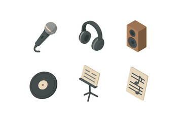 isometric icon items isolated on white background music (equipment): microphone headphones speaker vinyl record music stand sheet music