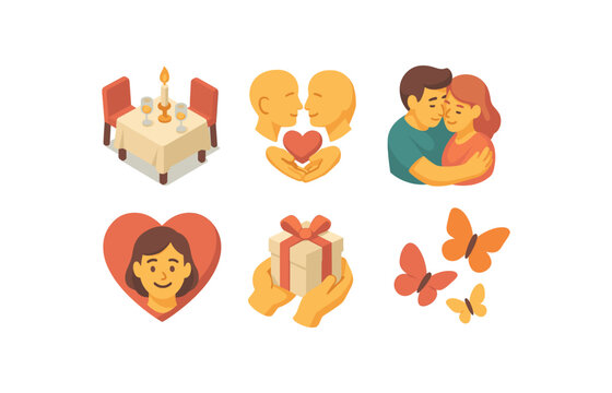 isometric icon items isolated on white background candlelit dinner soulmate bond passionate embrace heartwarming gift affectionate smile fluttering butterflies