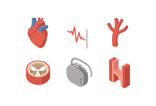 isometric icon items isolated on white background cardiac chamber heartbeat rhythm coronary artery heart valve pacemaker device ventricular