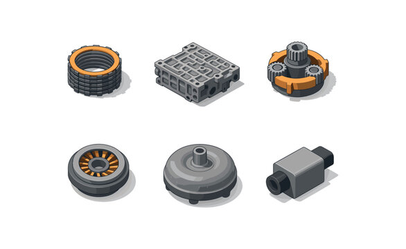 isometric icon items isolated on white background 8 speed automatic clutch pack 8 speed automatic valve body 8 speed automatic planetary gear set 8 speed automatic stator 8 speed automatic