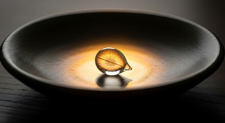 Captivating close-up of a single transparent droplet containing delicate organic fibers, glowing with warm golden light on a dark textured surface, evoking purity, science, and natural essence.