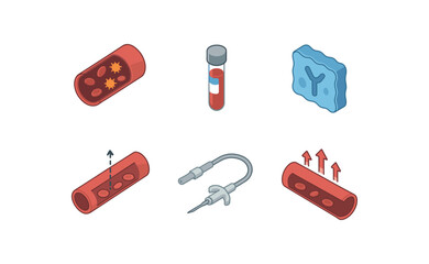 isometric icon items isolated on white background bloodstream infection septicemia cytokine zone bloodstream infection blood culture vial medium bloodstream infection endothelial adhesion