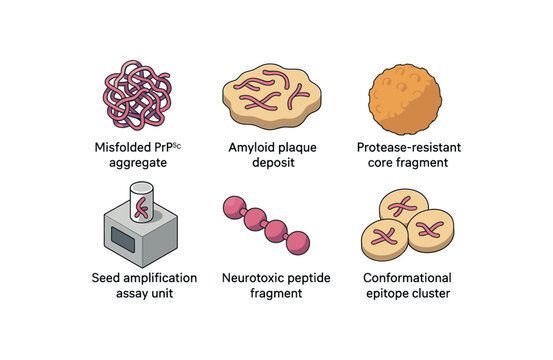 isometric icon items isolated on white background prion infection misfolded PrP Sc aggregate prion infection amyloid plaque deposit prion infection protease resistant core fragment prion