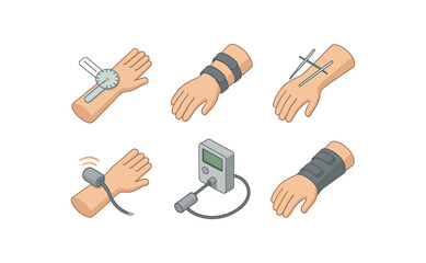 isometric icon items isolated on white background wrist fracture range of motion goniometer wrist fracture rehabilitation splint wrist fracture K wire guide wrist fracture ultrasound callus
