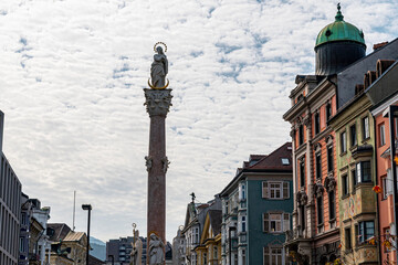 Innsbruck Austria Saint Anne’s Column with Historic Baroque Buildings and Cloudy Sky Cityscape