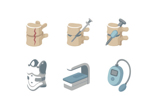 isometric icon items isolated on white background vertebral fracture vertebroplasty cement vertebral fracture balloon tamp vertebral fracture pedicle screw vertebral fracture spinal