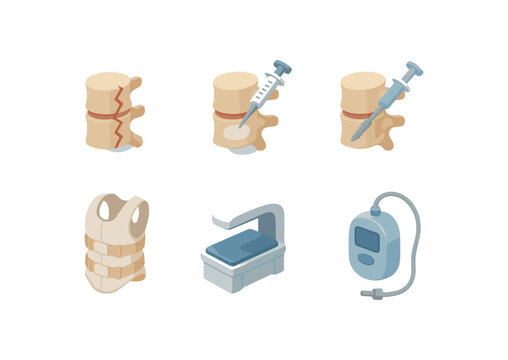isometric icon items isolated on white background vertebral fracture vertebroplasty cement vertebral fracture balloon tamp vertebral fracture pedicle screw vertebral fracture spinal