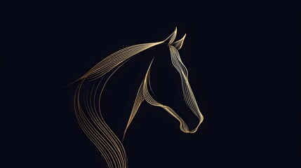 Elegant horse silhouette logo in thin gold lines on a dark background. Concept: luxury, elegance, power, prestige, high-end brands, fashion, jewelry, equestrian services, premium identity design.