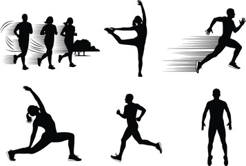 Silhouette vector of athletic people running, stretching, dancing, and exercising outdoors with motion lines, fitness poses, and dynamic movement illustration