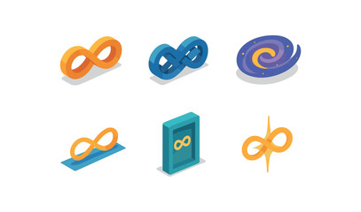 isometric icon items isolated on white background infinity loop circuit infinity fabric weave infinity spiral galaxy infinity horizon line infinity dimension portal infinity lens flare