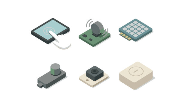 isometric icon items isolated on white background touch screen interface touch vibration module touch capacitance array touch feedback engine touch proximity sensor touch activation switch
