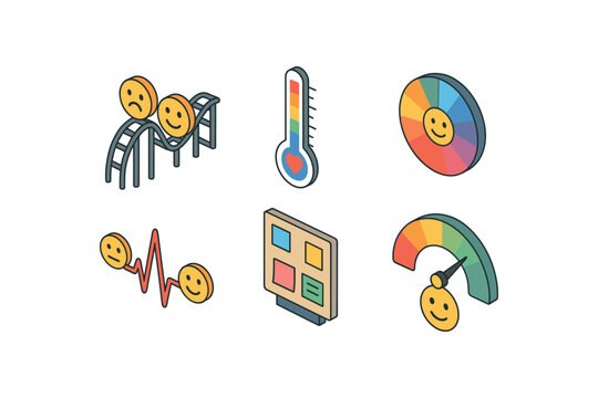 isometric icon items isolated on white background feelings rollercoaster icon feelings thermometer chart feelings color wheel feelings heartbeat line feelings mood board feelings empathy