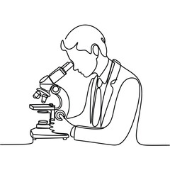 Scientist using a microscope in a continuous line drawing style