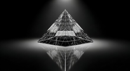 Captivating glass pyramid structure illuminated dramatically with sharp reflections on a dark, sleek surface, symbolizing innovation, stability, and modern design.