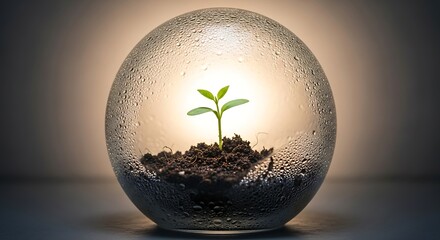 Vibrant green seedling sprouts from rich soil inside a dew-kissed glass sphere, symbolizing growth, new beginnings, and protected potential in a bright, hopeful setting.