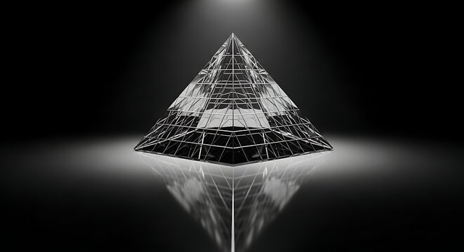 Captivating glass pyramid structure illuminated dramatically with sharp reflections on a dark, sleek surface, symbolizing innovation, stability, and modern design.