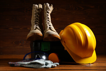 Hardhat, boots, gloves and tool box on wooden background, closeup